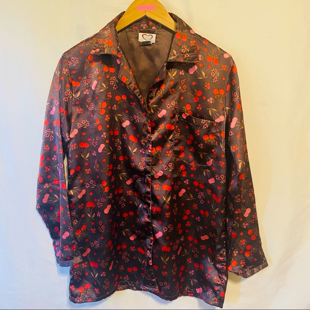Jolie Intimates Cherry Print silky Pajama Top Chocolate Brown /Red Size Small
